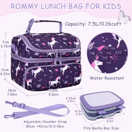 Kasgo Lunch Bag for Kids, Cute Insulated Lunch Box Bag Thermos Toddler Dual Compartment Cooler Bag for Girls Boys with Detachable Shoulder Strap for Daycare Kindergarten School Travel, Purple Unicom