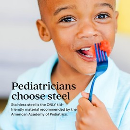 Ahimsa Stainless Steel Kids Utensils - Kids Fork and Spoon Set, Pediatrician Designed Toddler Utensils, 100% BPA Free & Dishwasher Safe (Iridescent Blue)