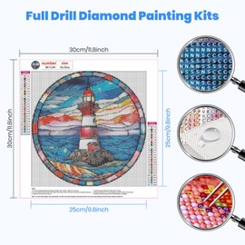 HEIBAGO 5D Lighthouse Diamond Painting, Glass Flowers Full Drill Diamond Painting Sets for Adults Beginners, DIY Cross Embroidery Diamond Art Landscape Diamond Art Pictures for Home Decor 30 x 30 cm