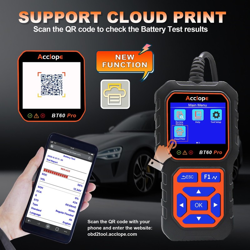 BT60 Pro Acclope Car Battery Tester with Cloud Printing 100-3000