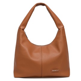 NEWBELLA Vegan Leather Shoulder Bag, Wide Fixed Strap, Zipper Pockets, Flat Bottom Design (Brown)
