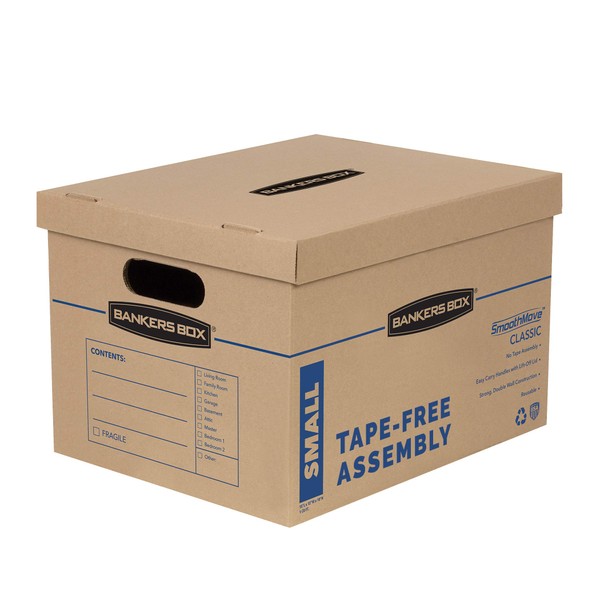 Bankers Box SmoothMove Classic Moving Boxes, Tape-Free Assembly, Easy Carry Handles, Small, 15 x 12 x 10 Inches, 10 Pack (7714901), Brown