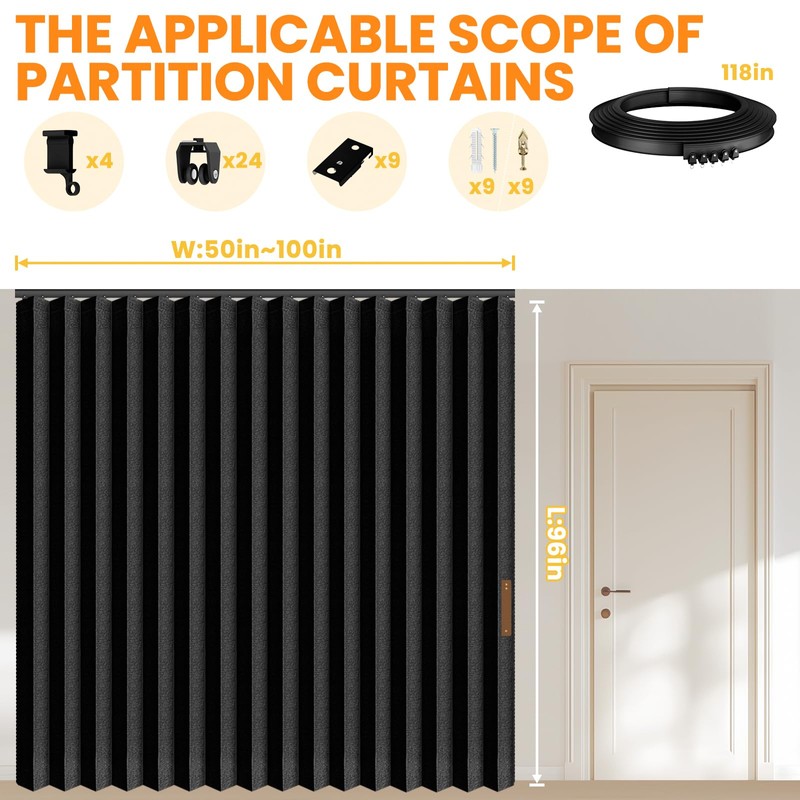 100% Blackout Accordion Room Divider Curtains - with Flexible Ceiling