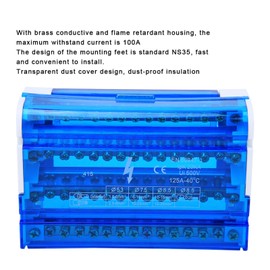 Terminal Block Busbar, 4 Input 56 Output Single-Phase Distribution Box DIN Rail with Transparent Dust Cover, Terminals