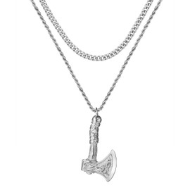 OIDEA Men's Viking Thor's Hammer Necklace: 2 Double Chains Curb Chain & Cord Chain with Axe Hammer Pendant Nordic Viking Jewellery Gift for Men Friend Father, Stainless Steel