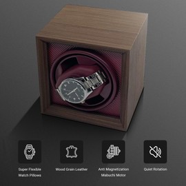 LIAN Automatic Single Watch Winder with Japanese Mabuchi Quiet Motor Wooden PU Leather Soft Flexible Memory Foam Watch Pillows for Men's and Women's Watches Red