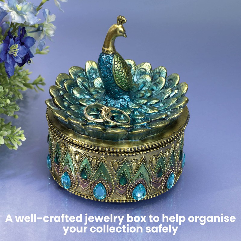 Bits and Pieces Peacock Jewelry Box for Women Small Keepsake
