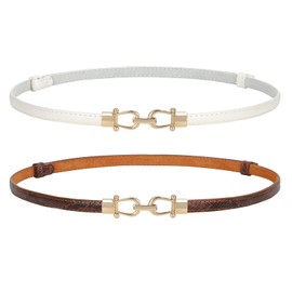 JASGOOD 2 Pack Women Skinny Leather Belt Adjustable Fashion Dress Belt Thin Waist Belts for Ladies Girls,White+Brown