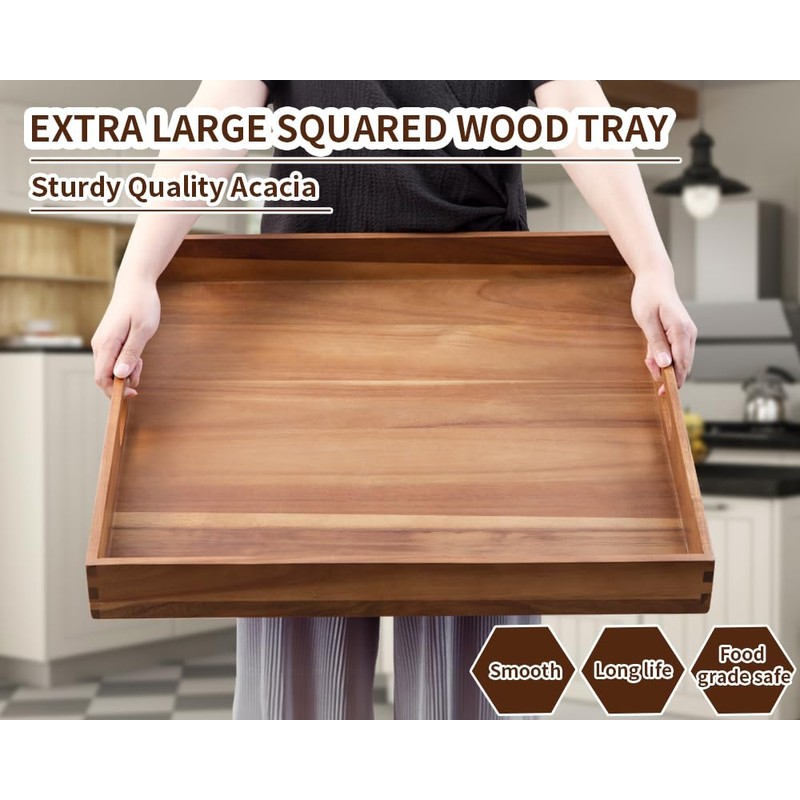 Extra Large Square Wood Tray, Generously 22" Acacia Serving Trays