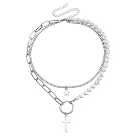 Crymystal Paper Clip Pearl Choker Necklace Silver Double Layer Star Cross Drop Necklace Retro Chain Culture Pearl Pendant Choker Necklace Fashion Retro Charm Women's Valentine's Day Jewelry (Silver)