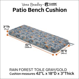 Vera Bradley by Classic Accessories Water-Resistant Patio Bench Cushion, 42 x 18 x 3 Inch, Rain Forest Toile Gray/Gold, Patio Furniture Cushions