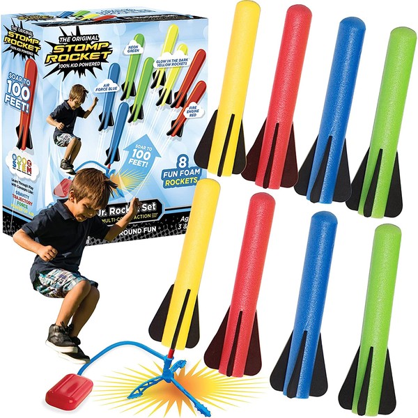 Stomp Rocket Jr Multi Color Rocket Launcher for Kids, 8 Rockets - Glow In The Dark Fun Backyard & Outdoor Kids Gifts for Boys & Girls - Toy Soft Foam Blaster Set - Multi-Player Adjustable Launch Stand