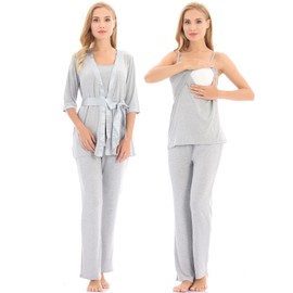Bearsland Maternity Women's 3 Pieces Soft Nursing Pajamas Set Postpartum Sleepwear for Breastfeeding,lightgray,2XL