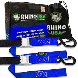 Rhino USA Motorcycle Tie Down Straps (2 Pack) Lab Tested 3,328lb Break Strength, Steel Cambuckle Tiedown Set with Integrated Soft Loops - Better Than a Ratchet Strap