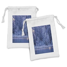 Ambesonne Winter Fabric Pouch Set of 2, Swans Swimming Lake Dusk Forest Dramatic Idyllic Nature Icy Snowy Weather Rural Scene, Small Drawstring Bag for Toiletries Masks and Favors, 9" x 6", Blue