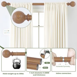 HTZON Wood Curtain Rods for Windows 28 to 48 Inch,1 Inch Wood Grain Ball Adjustable Curtain Rod,Boho Heavy Duty Curtain Rods,Farmhouse Rustic Single Window Curtains Rods,Brown Drapery Rods Set 18-45"