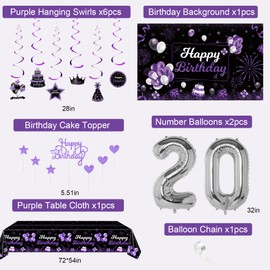 Miidenks 20th Birthday Decorations Set for Women, Purple Black Happy 20 Birthday Party Decorations with Birthday Backdrop Banner Birthday Tablecloth 20 Number Balloons for Her