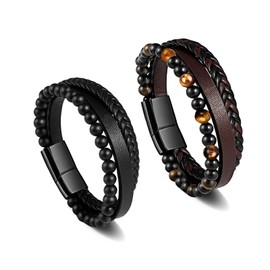 HOHOTANG Mens Leather Bracelet, Bracelets for Men Black and Brown 2 Pcs, Multi-Layer Braided Genuine Leather Bracelet, Birthday Christmas Bracelets for Father, Husband