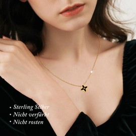 Gold Kleeblatt Halskette Silber 925 Damen,Titan Medizinische Chirurgenstahl Edelstahl Verstellbar Ketten,Schmuck,Geburtstag JahrestagGeschenke,Geschenke für Frauen,Kette Zirkon Muscheln Schwarz