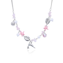 Silver Beach Swordfish Pendant Necklace Conch Seashell Starfish Pearl Beaded Charm Choker Cute Summer Ocean Jewelry for Women Trendy Beach Vacation Necklace Jewelry
