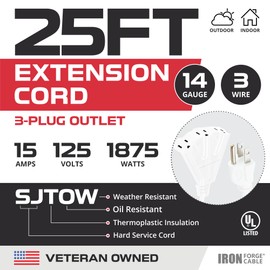 Iron Forge Cable 25ft White Outdoor Extension Cord with 3 Outlets - 14/3 SJTW 15 Amp 25ft Extension Cord 3 Prong - Multiple Outlets with Lighted End