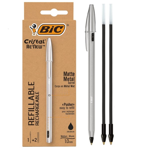 Bic CRBLK-3P Crystal Re'New 1.0 Ballpoint Pen, Oil-based, Black + Box of 2 Refills