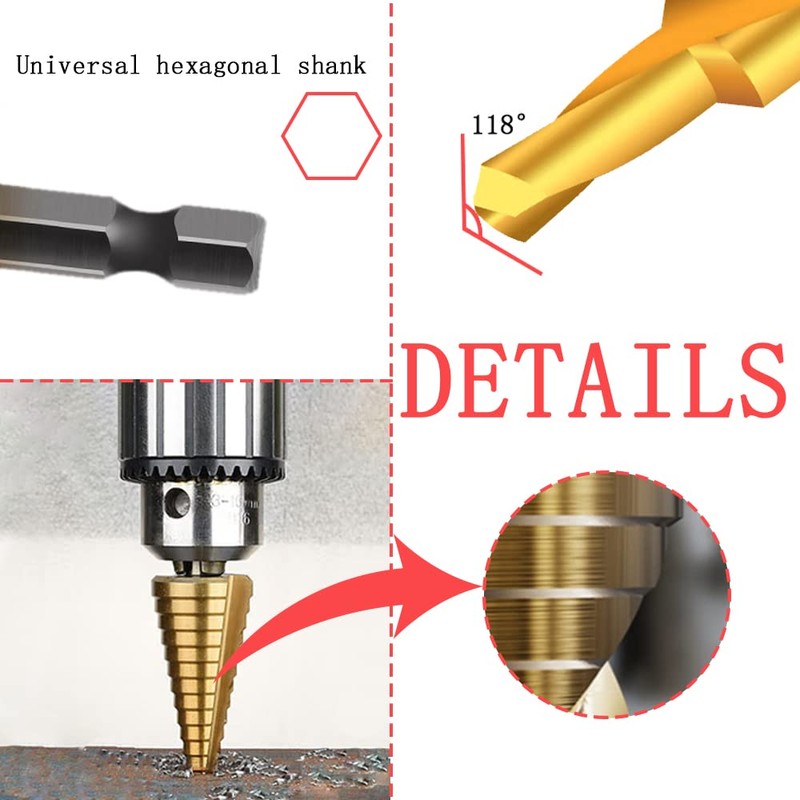 CEEYSEE 3 Pieces Hex Shank Step Drill Bit Set HSS