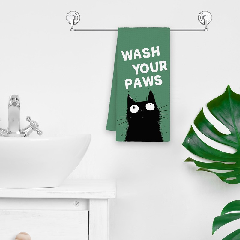 Xmsaitar Green Funny Black Cat Bathroom Kitchen Towels, Wash Your