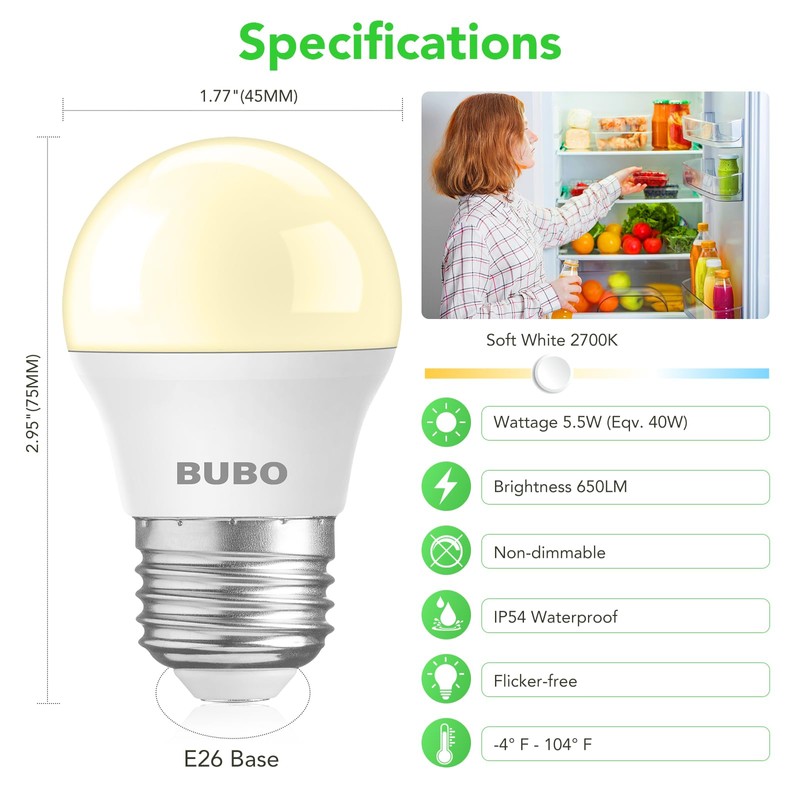 BUBO LED Refrigerator Light Bulb 40W Equivalent, Appliance Bulb 120V,