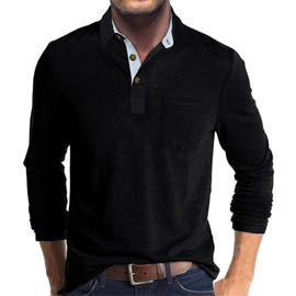 PICKLION Mens Long Sleeve Polo Shirts Casual Moisture Wicking Golf Polo Shirts with Pocket Black