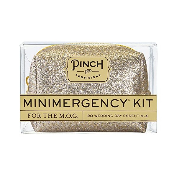 Pinch Provisions Minimergency Kit for M.O.G, Includes 20 Must-Have Emergency Essentials for The Big Day, Compact, Multi-Functional Zipper Pouch, Survival Kit for Mother of Groom - Champagne Glitter