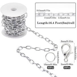 SOFPLATE 16 Feet / 5 m Cable Chain Jewellery Silver Chain Jewellery Making Aluminium Unwelded 11 × 19.5 mm Oval Link with Jump Ring and Lobster Clasp Chain Connector Kits for Jewellery Makers