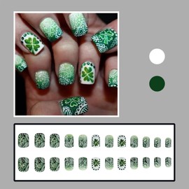 LBPEPAMZ 24Pcs St. Patrick's Day Press on Nails Short Square Fake Nails with Shamrock Designs Glitter Glossy Green Full Cover False Nails White Flower Acrylic Glue on Nails for Women Manicure Decor