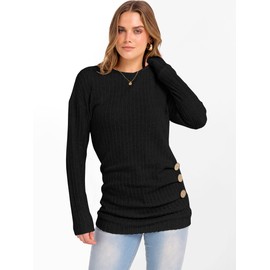 ANRABESS Women Long Sleeve Tunic Top with Leggings Crewneck Ribbed Knit Buttons Shirts 2025 Fall Casual Lightweight Sweaters Black Medium