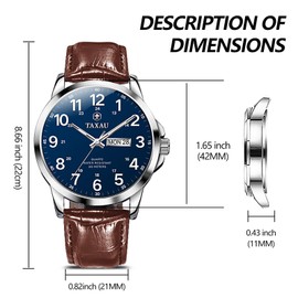 Taxau Leather Watches for Men Brown Wrist Watch Mens Luxury Silver Watch for Men Leather Strap Waterproof Mens Analog Dress Watches Business Classic Large Blue Face with Day and Date
