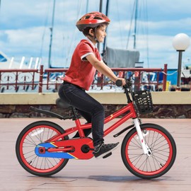 HONEY JOY Kids Bike, 14 16 18 Inch Toddler Bikes w/Training Wheels & Handbrake, Steel Frame, Fully Enclosed Chain, Adjustable Handlebar & Seat (18 Inches with Kickstand, Red, Flash Pattern)