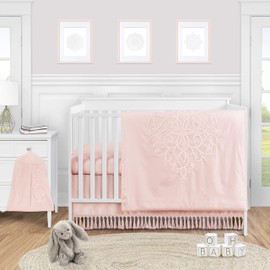 Sweet Jojo Designs Pink Boho Bohemian Girl Baby Nursery Crib Bed Skirt Dust Ruffle - Solid Color Blush Shabby Chic Princess Luxurious Luxury Elegant Vintage Designer Boutique Victorian Cotton Fringe
