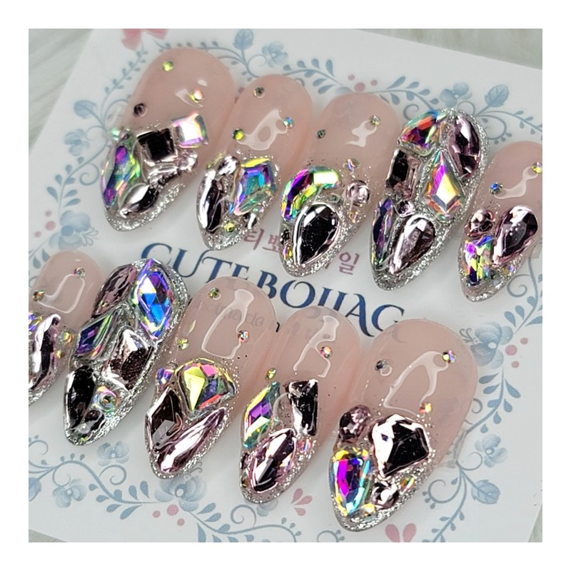 Pink Full Stone Gra Handmade Nail Tip Pedi Tip -