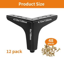 KoMvzyl 12 Pieces Metal Furniture Legs Modern Style Triangle Dresser Legs Sofa Feet DIY Replacement Legs for Chairs Table Cabinet Cupboard Sofa Couch Ottoman (Black, 4 Inch)