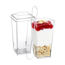 SHOPDAY 3 oz Mini Dessert Cups with Lids and Spoons 50 Pack, Small Plastic Dessert Cups for Party, Clear Square Cups for Parfait Yogurt, Shooter Cups Tumbler Cups for Appetizers Jello Mousse