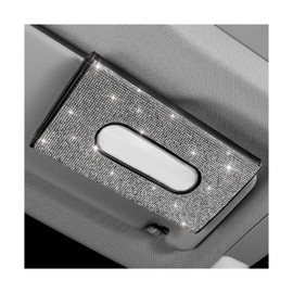 SHMZK Bling Car Sun Visor Tissue Box Holder, Leather Sparkling Crystal Napkin Holder Auto Visor Paper Towel Cover, Rhinestone Backseat Mask Wipe Case Visor Hanging Tissue Organizer (White)
