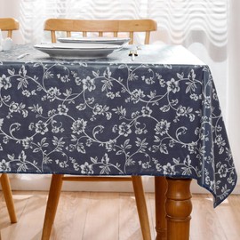 Heavy Duty Vinyl Tablecloth with Flannel Backing Waterproof Oil-Proof Plastic Table Cloth Stain-Resistant Wipeable Rectangle or Square Table Cover (Blue Floral, 52X70 Inch)