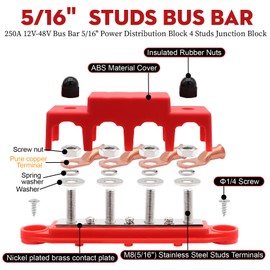 Taigoehua 250A 12V-48V Bus Bar 5/16" Power Distribution Block 4 Studs Junction Block with Lugs Terminal Connectors with Heat Shrink Tube (M8(5/16"))