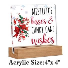 Christmas Gifts, Christmas Candy Cane Decorations for Home, Mistletoe Kisses And Candy Cane Wishes Decor Desk Signs Plaques 4 × 4 Inches Acrylic