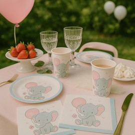 KarnevalsTeufel Baby Shower Decoration Elephant Pink & Blue Disposable Tableware to Choose from: Plates, Cups, Napkins Birthday Boy/Girl, Children's Party, Christening (Cup Blue)