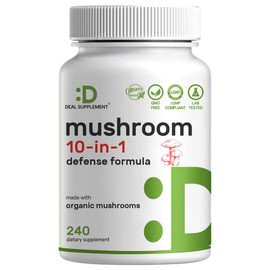 Organic 10-in-1 Mushroom Supplement, 240 Capsules – Lions Mane, Turkey Tail, Reishi, Cordyceps & More Mushroom Complex – Immune, Energy & Nootropic Brain Support – Non-GMO