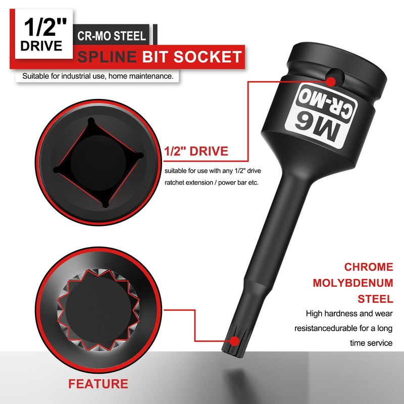 KIRXST Impact Triple Square Spline Bit Socket, 1/2" Drive M6
