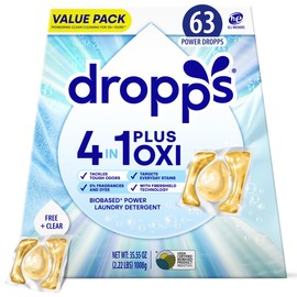 Dropps 4-in-1 Plus Oxi Laundry Detergent Pods, Free & Clear (63 Count) - Unscented Laundry Pods | Odor Defense | Fights Stains | Whitens & Brightens | Clean Ingredients | Plastic Free Packaging