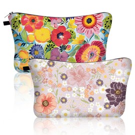BSITSSS 2 PCS Cosmetic Bags, Cute Floral Makeup Bag, Pastel Flowers Make Up Pouch Toiletry Trave Bags with Zipper Makeup Organiser for Women Ladies Girls Kids Birthday Gifts