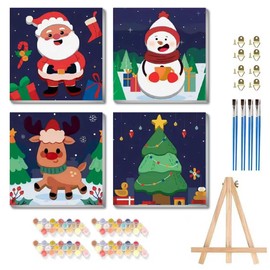 askkqtx 4 Pack Framed Paint by Numbers Kit for Kids - with Wooden Easel, Christmas Paint by Numbers Kit for Kids Ages 4-8-12, DIY Santa Claus Paint by Numbers with Frame for Home Wall Decor 8x8 Inch